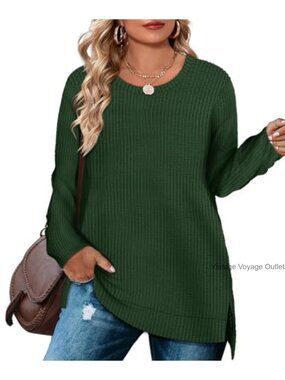 Waffle Knit Pullover Sweater Loose Split Hem Crewneck Casual